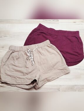 Two Pair Womens Casual Cotton Shorts Maroon & Tan Size M/L